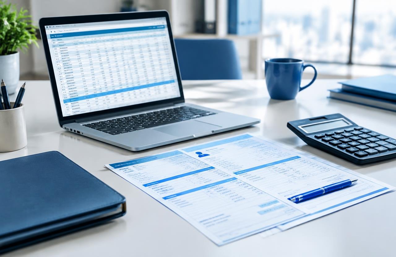 Payroll spreadsheet, payslips and calculator on a desk